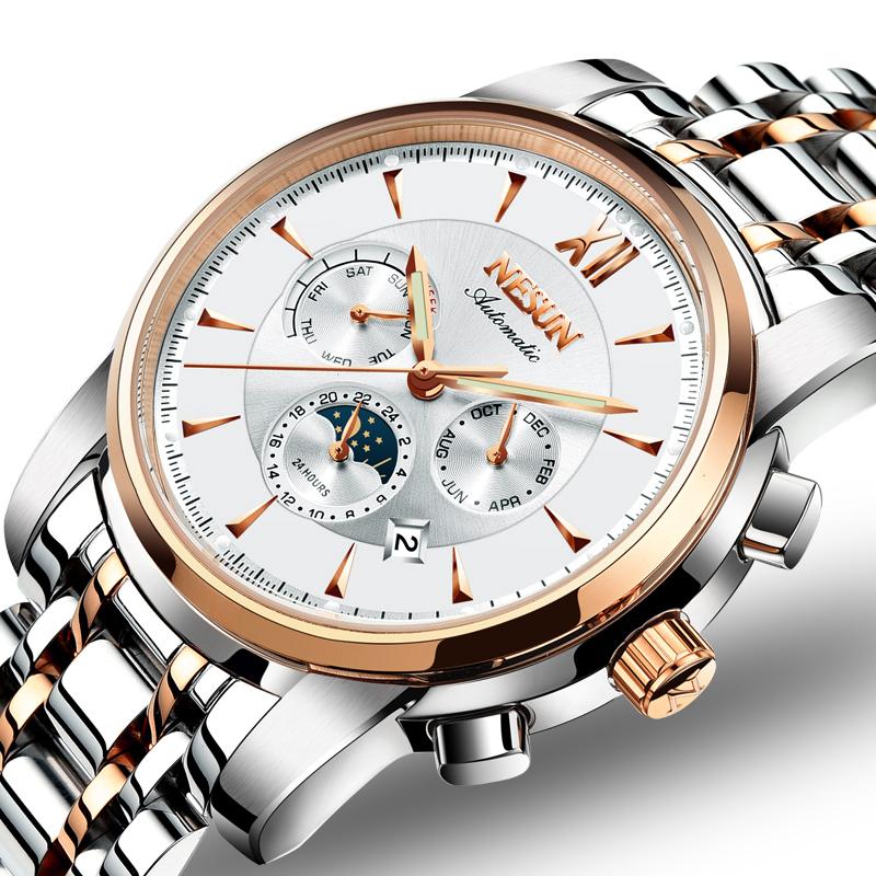 

Wristwatches NESUN Watch Men Business Automatic Mechanical Luminous Waterproof Multi-Function Watches Relogio Masculino Men's Clock, Rose gold white face
