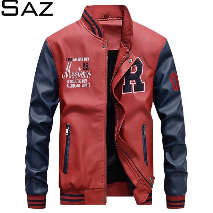 

Saz Men Jacket Casual Letter Embroidery Leather Jackets Streetwear Fashion Baseball Bomber Coat 211110, Sky blue
