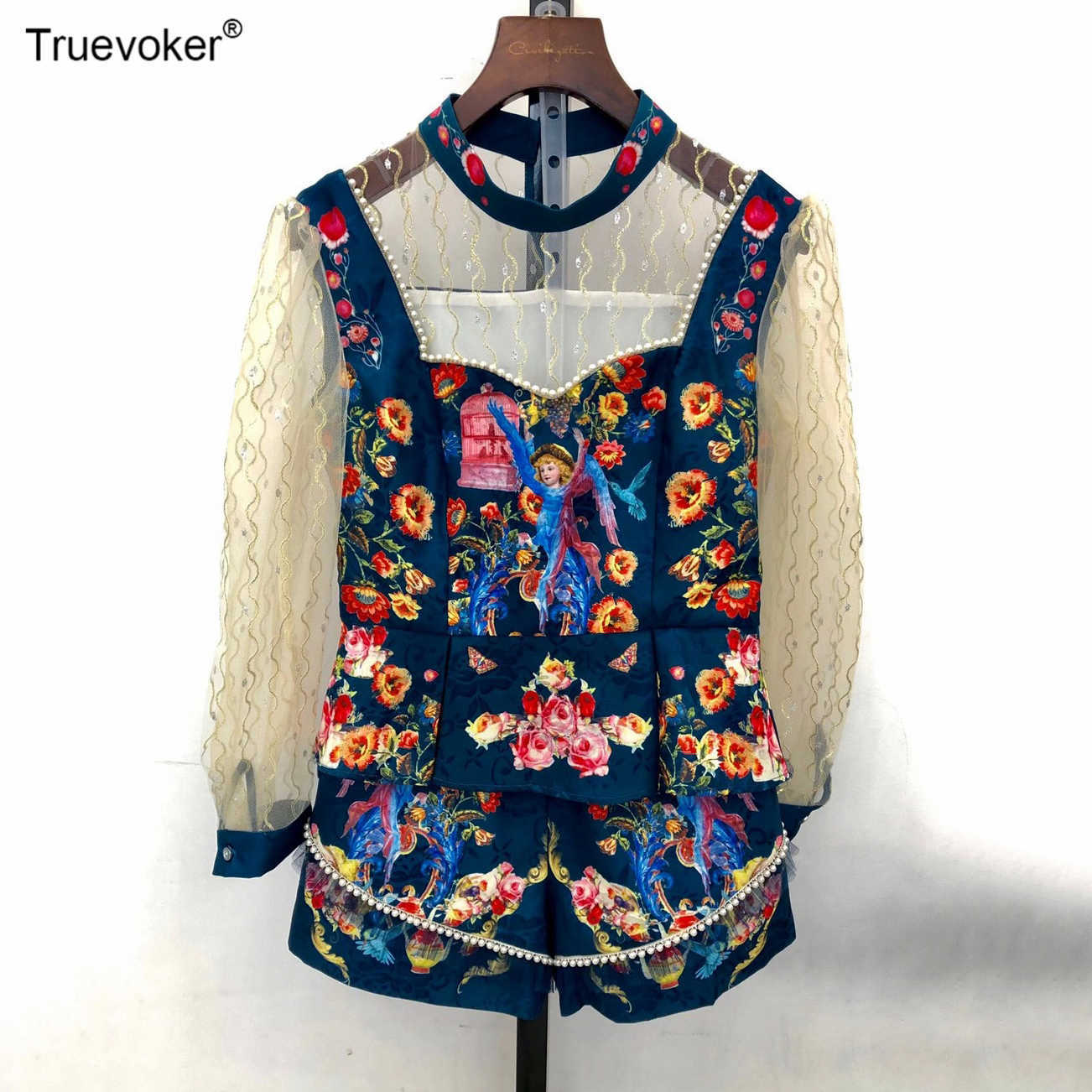 

Truevoker Women' High End Fashion Blue Angle Print Beading Jacquard Lace Patchwork Blouses With Shorts Sexy Party Suits Sets 210602, White