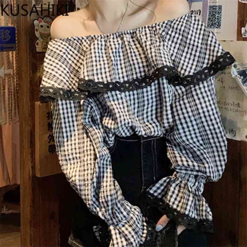 

Plaid Off Shoulder Blouse Shirt Korean Sweet Ruffle Flare Sleeve Womens Tops Summer Blusas Mujer De Moda 6H983 210603, Photo color