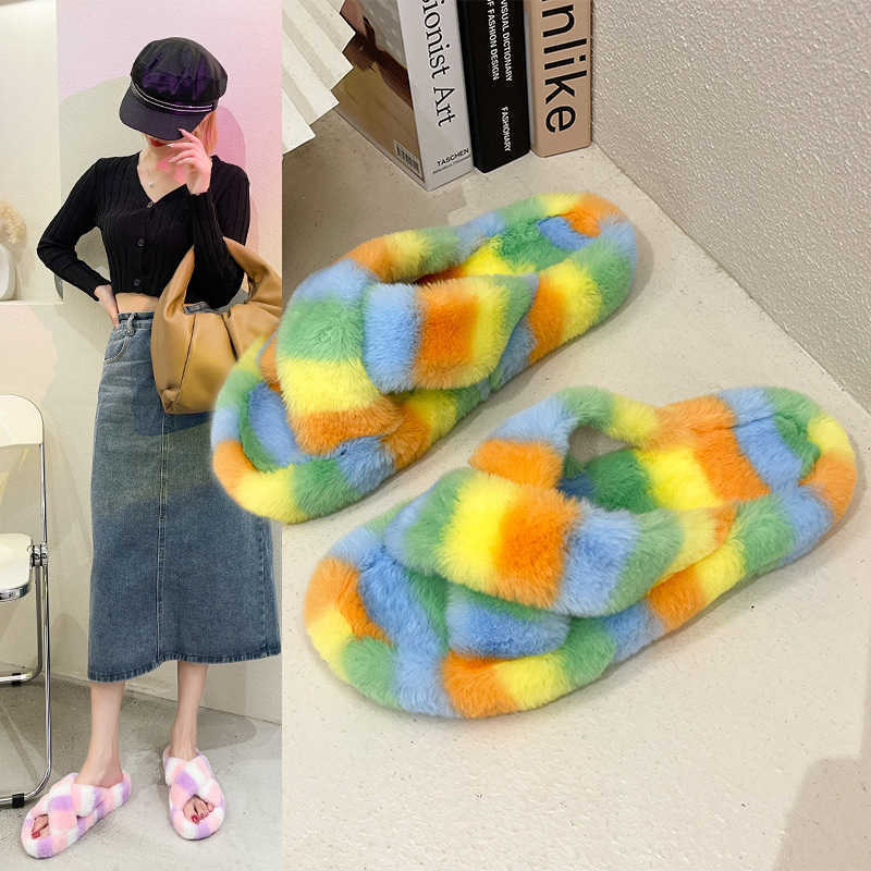 

Ladies Fashion Slippers Home Leisure Slides Colored Fur Slippers Designer Luxury Plush Amazing Women Sandals H0827, Beige