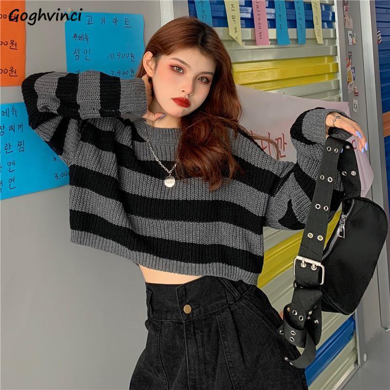 

Women Knitting Pullovers O-neck Striped Full Sleeves Patchwork Short Sweaters Warm Ladies Autumn Winter Fashion Retro Streetwear, Gray