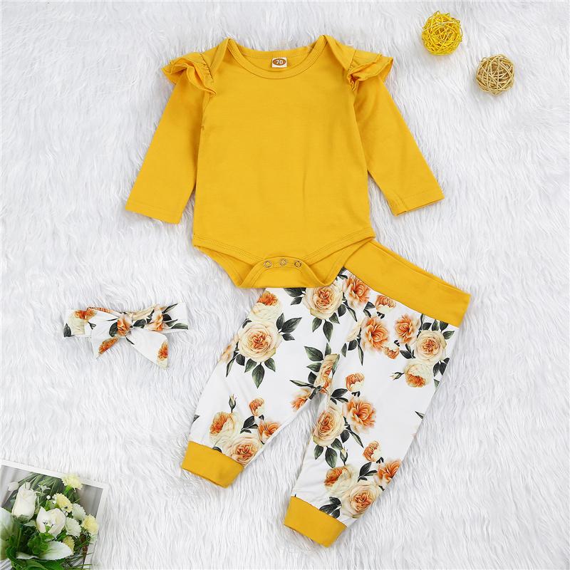 

Clothing Sets 3PCS Infant Baby Girl Clothes Long Sleeve Crew Neck Ruffle Romper + Floral Pants Headband Set, White