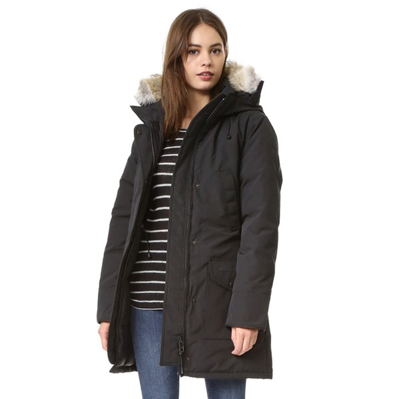 

hot 2021 Women Canada Outdoors Fur Down Jacket Hiver Thick Warm Windproof Trillium Coat Thicken Fourrure Hooded goose parka Doudoune, Black