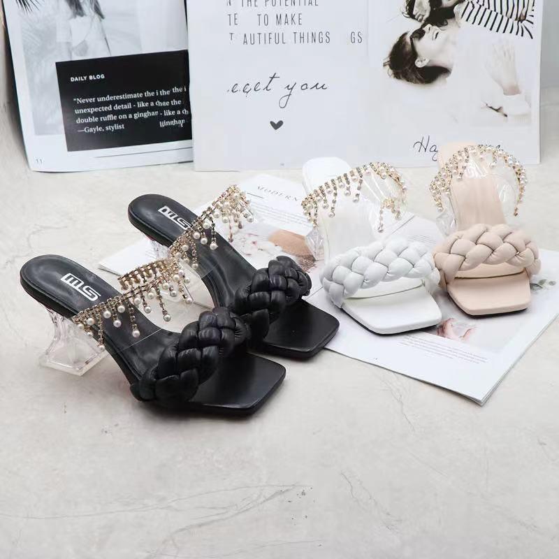 

Dress Shoes 2021 Summer Thick Heel Woven High-heeled Sandals Korean Fashion Square Head Metal Slippers, Black