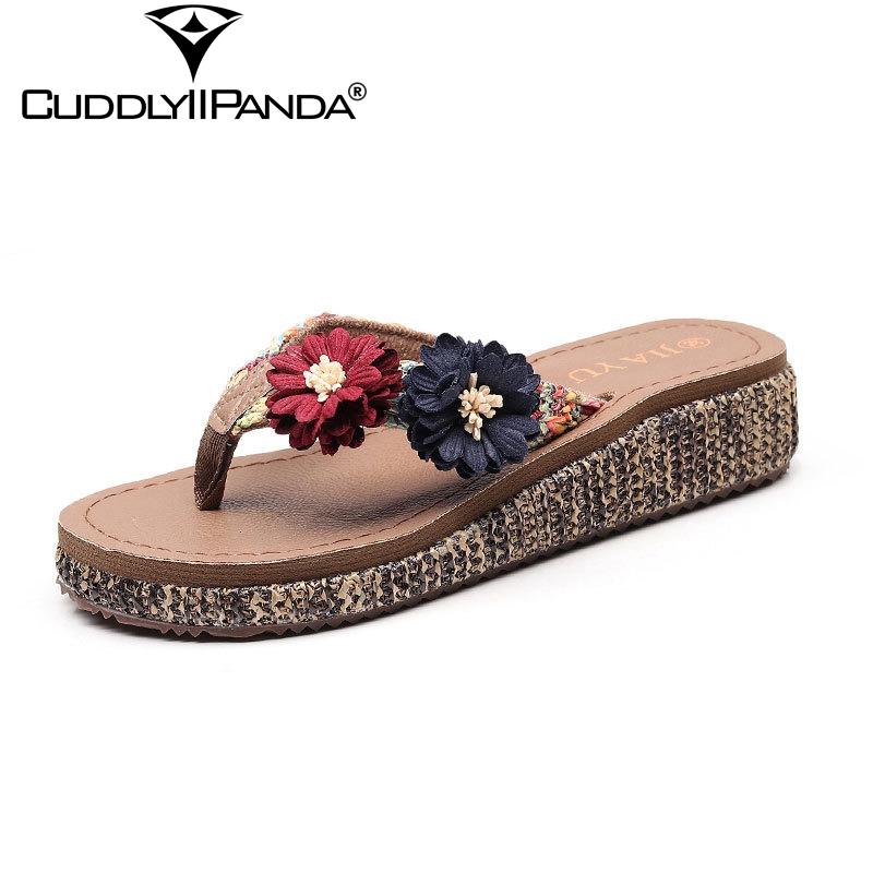 

Slippers CuddlyIIPand 2021 Summer Cane Wedge Women Flip Flops Flower Rattan Grass Beach Shoes Fashion Design Sandalias, Black