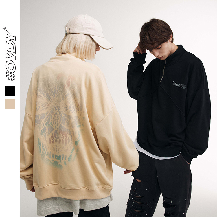 

wxwovdy men's 2021 autumn winter new trend stand collar semi zipper tree monster print loose pullover, Black