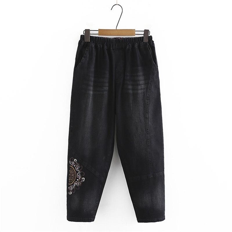 

Plus Size Pants XL-3XL Women's Elastic Waist Black Jeans Casual Vintage Printed Denim