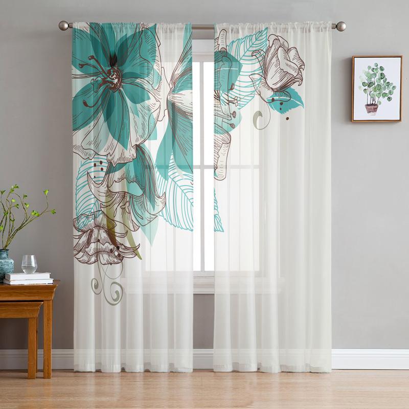 

Curtain & Drapes Flowers Bloom Turquoise Plants Roses Tulle Sheer Window Curtains For Living Room Kitchen Children Bedroom Voile Hanging, As pic