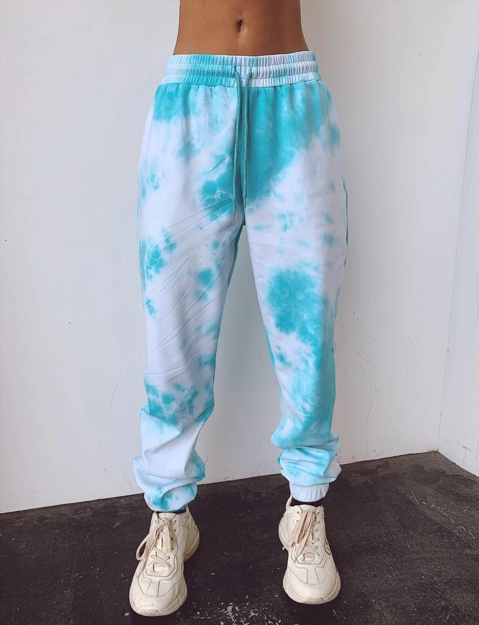 

high waist joggers trousers women capris tie dye printed sweatpants casual loose sports wear female drawstring side pockets leggings, Black;white