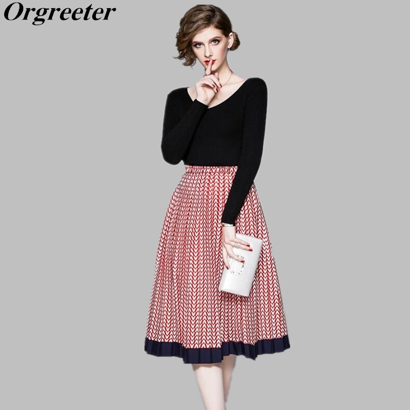 

Spring Autumn OL Work Wear Casual 2 Pieces Set Women Sexy V-neck Long Sleeve Knit Jumper Tops &Printed Pleated Skirt Suit 210525, Red