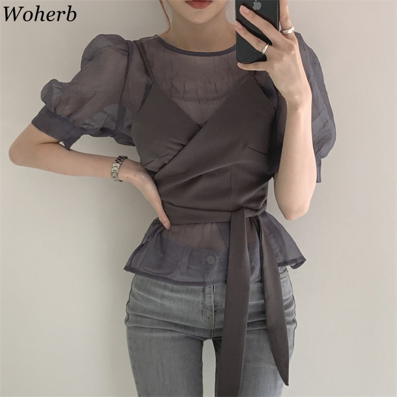 

Womens Two Piece Set See Through Puff Sleeve Shirts Lace Up Slim Waist Sling Tops Korean Fashion Suit Femme Roupas 95300 210519, Purple