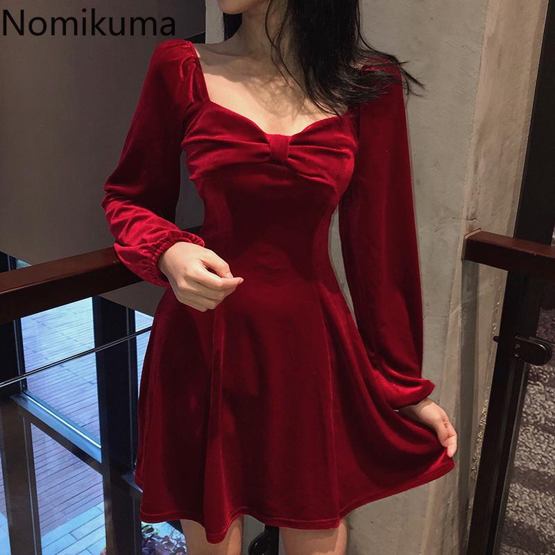 

Casual Dresses Nomikuma Vintage Square Collar Bow Knot A Line Dress Women Solid Color Slim Waist Elegant Mini Long Sleeve Vestidos, Black