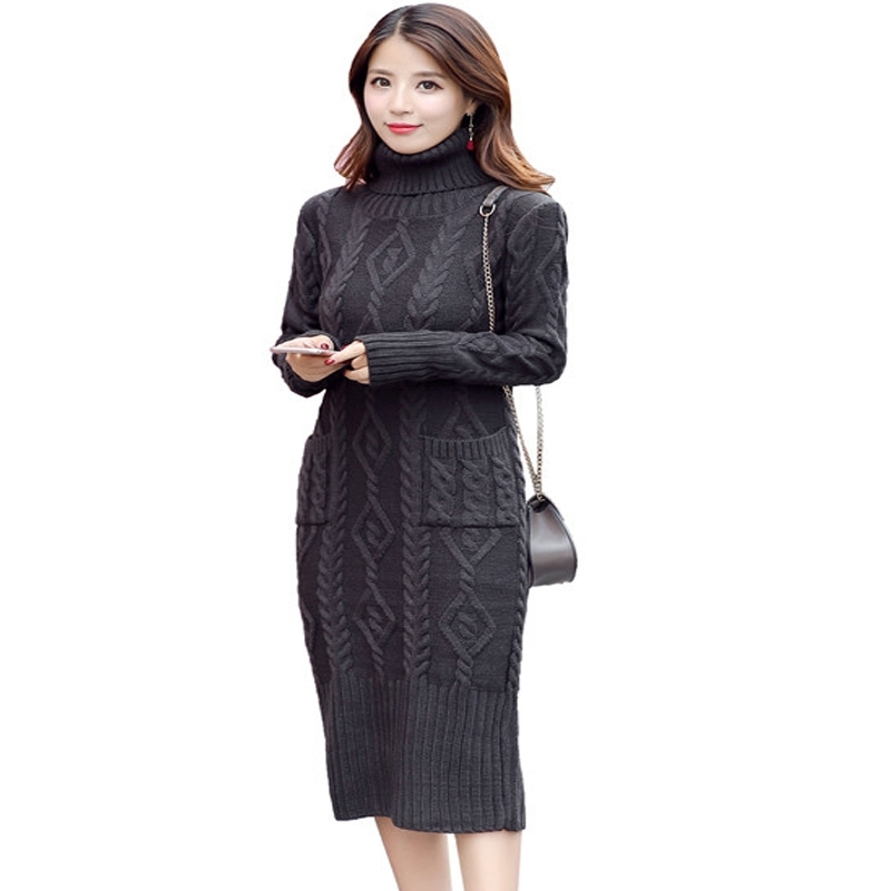 

Fashion Winter Spring Casual Dresse Loose Pullover Pull Turtleneck Sweater Female Solid Color Knitted Robe 210602, Black