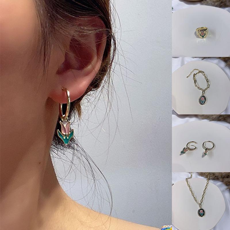 

Earrings & Necklace Tin Alloy Pendant Elegant Metal Bohemia Drop Glaze Flower Ring Bracelet Jewelry Set Accessories Gift Fashion, Silver