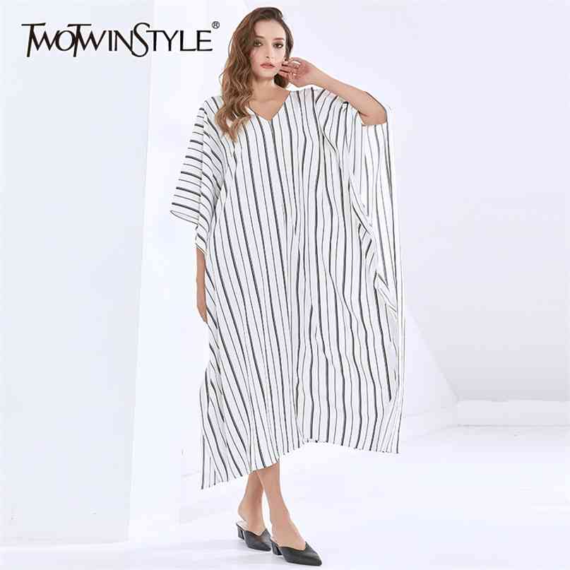 

Striped Dress For Women V Neck Batwing Short Sleeve Hit Color Loose Oversized Korean Dresses Female Style 210520, White
