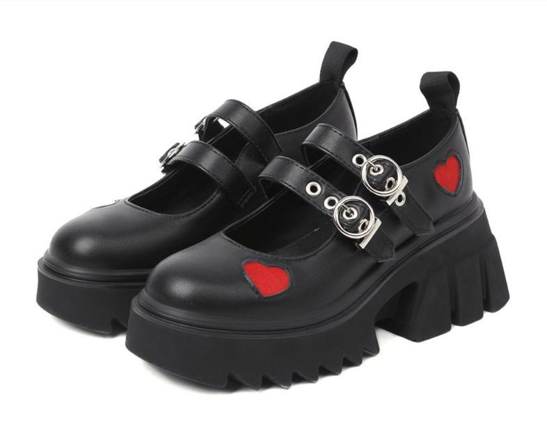 

Dress Shoes Gothic Girls Red Heart Thick Heel Mary Jane For Women Vintage Style Platform Pumps Rubber Sole Spring Fall, Patent leather