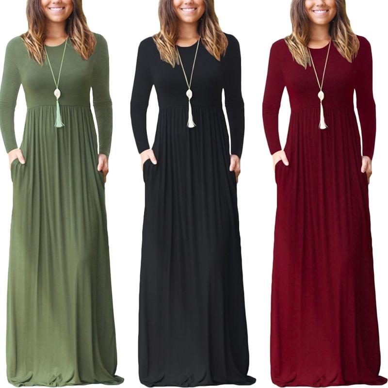

Casual Dresses Maxi Dress Female Slim Beach Robe Plus Size Fashion Women Autumn O-Neck Solid Color Long Sleeve Pocket Elastic High Waist, Sling apricot
