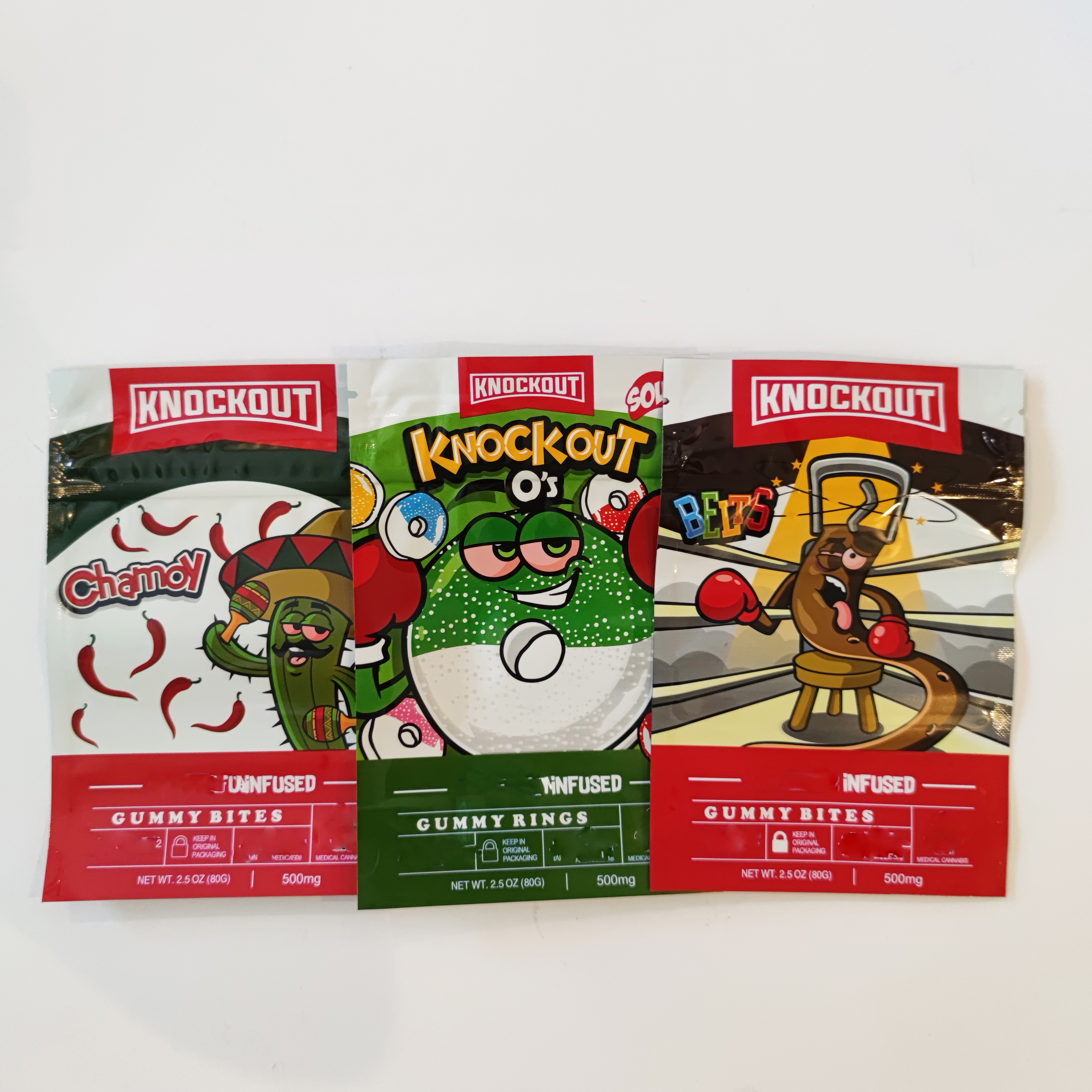 

KNOCKOUT infused gummy bites medicated edibles mylar packaging bags rings rainbow belt chamoy child lock stand up sour gummies package Newest