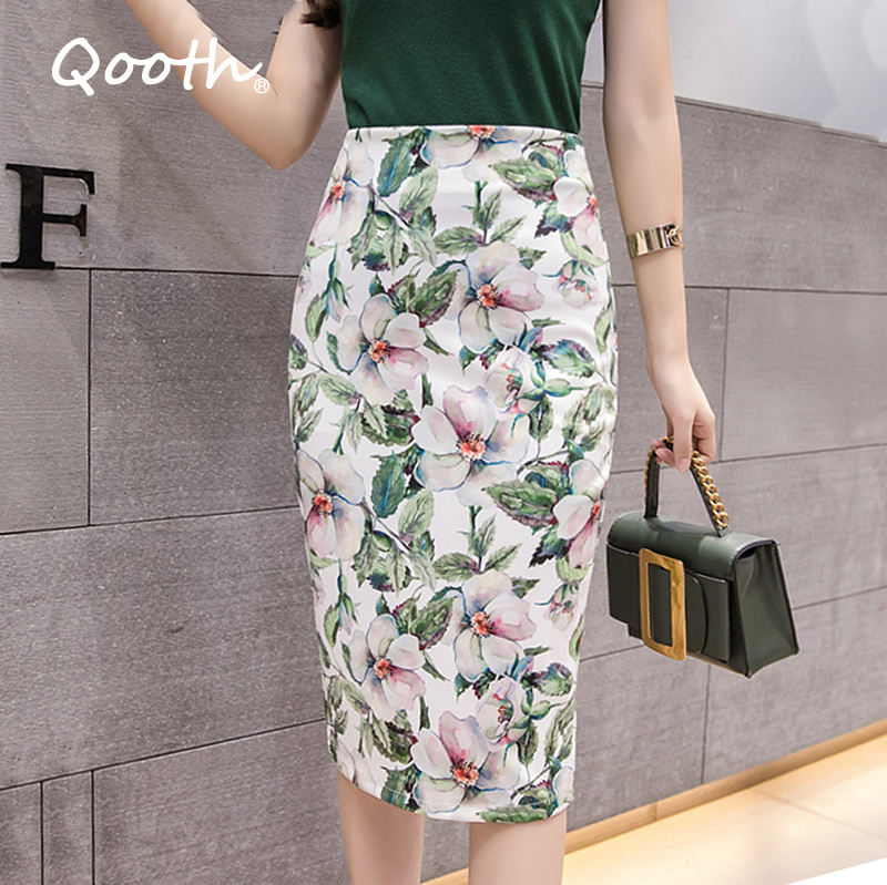 

Qooth Autumn Summer Women Office Pencil Skirt Split Hem High Waist Elastic Knee Length Floral Printed Vintage Elegant QT106-3 210518