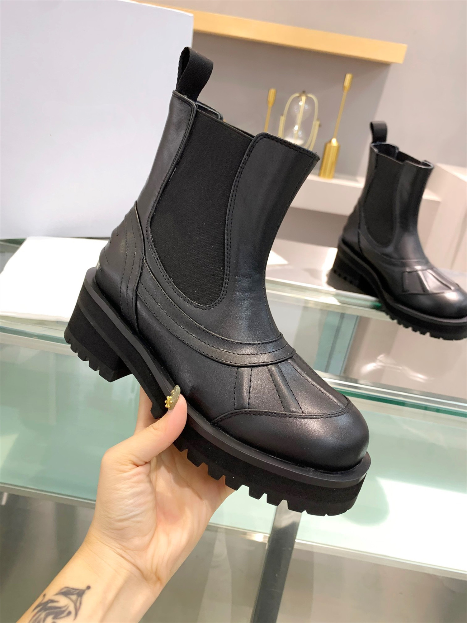

2021 boots British style sponge cake thick-soled thick-heeled stitch women's fashion all-match thin chimney short booties size 35-41, Black