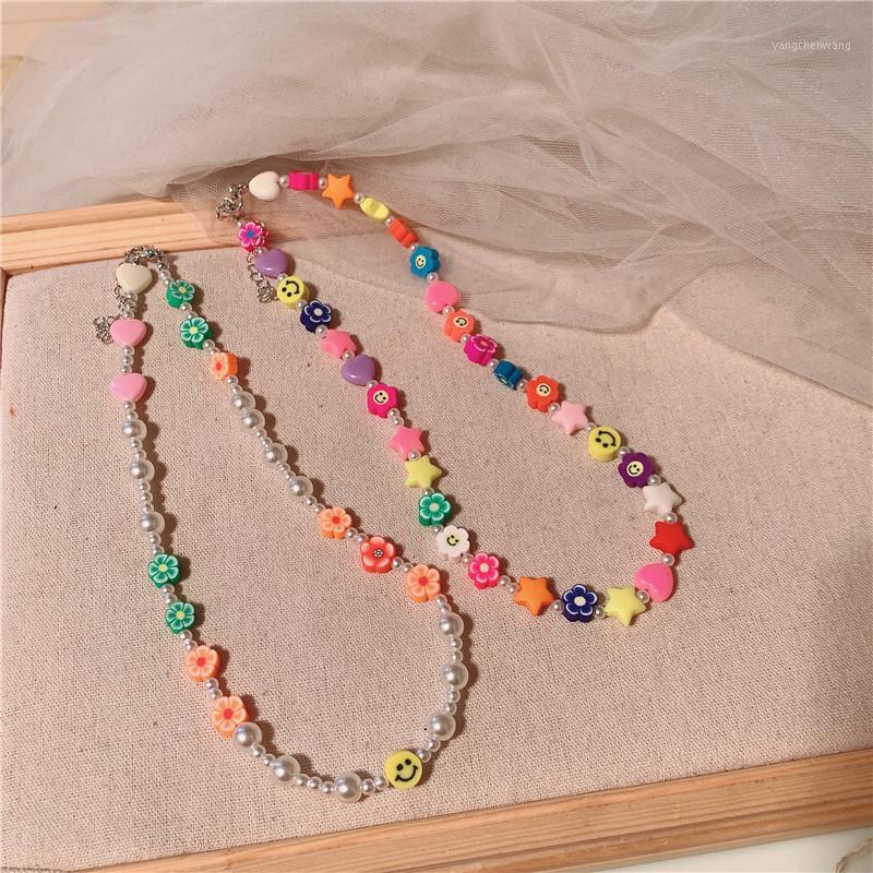 

Chains INS Korean Sweet Soft Clay Necklace Cute Flower Pearl Fashion Ladies Party Accessories Niche Design Gifts