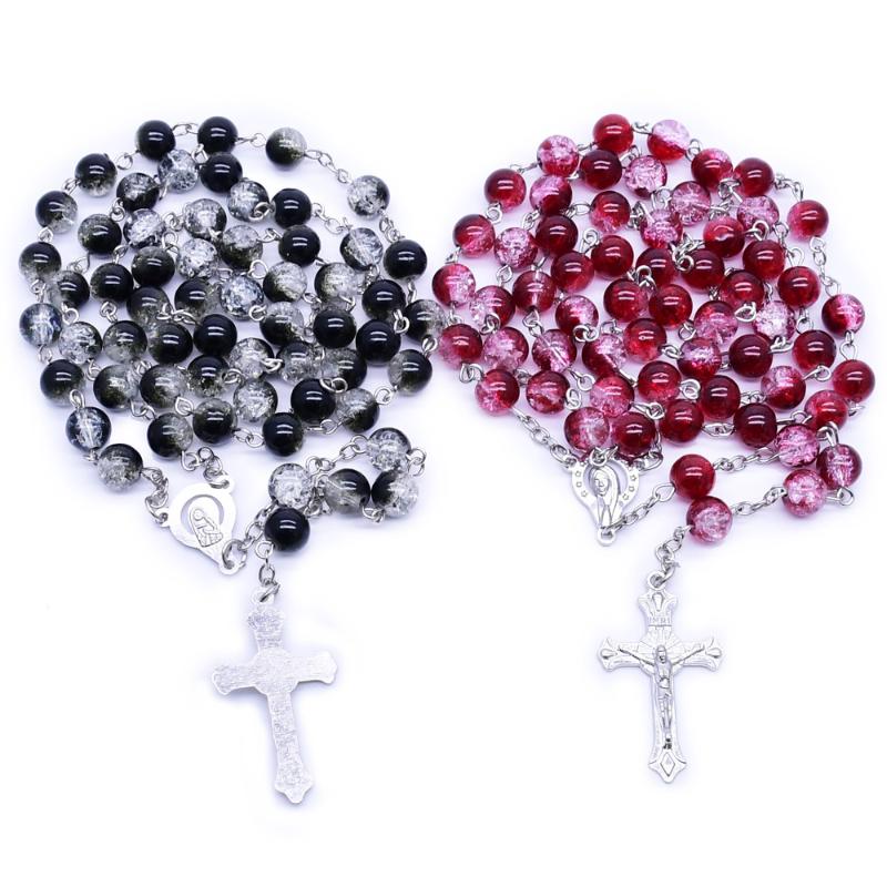 

Chains Fashion Handmade Round Glass Bead Catholic Rosary Quality Cross Necklace Beads Religious Pendants, Silver