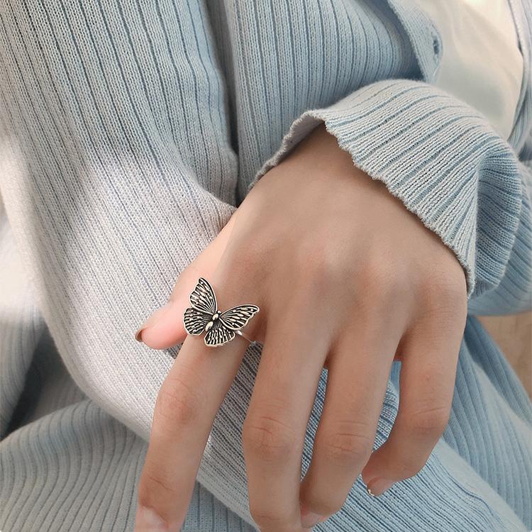 Wedding Rings Vintage Silver Color Open Adjustable Retro Simple Butterfly Ring Fashion Trend Handmade For Women Girls Jewelry-image-704847044