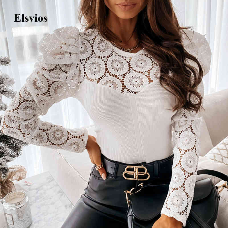 

Women' Jumpsuits & Rompers Women Spring Embroidery Lace Patchwork Blouse Elegant O Neck Ribbed Shirt Slim Tops Office Lady Solid, White