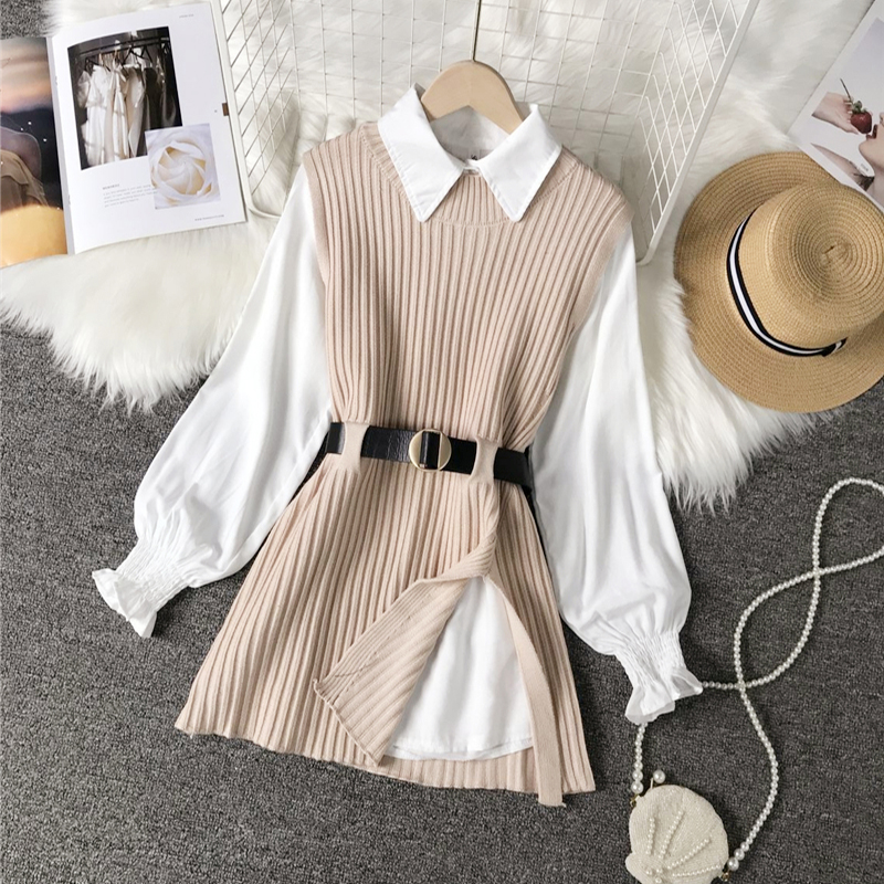 

Long lantern sleeve shirt women knitted vest 2 two piece set spring autumn womens Shirts sets Sleeveless Sweater tops, Khaki