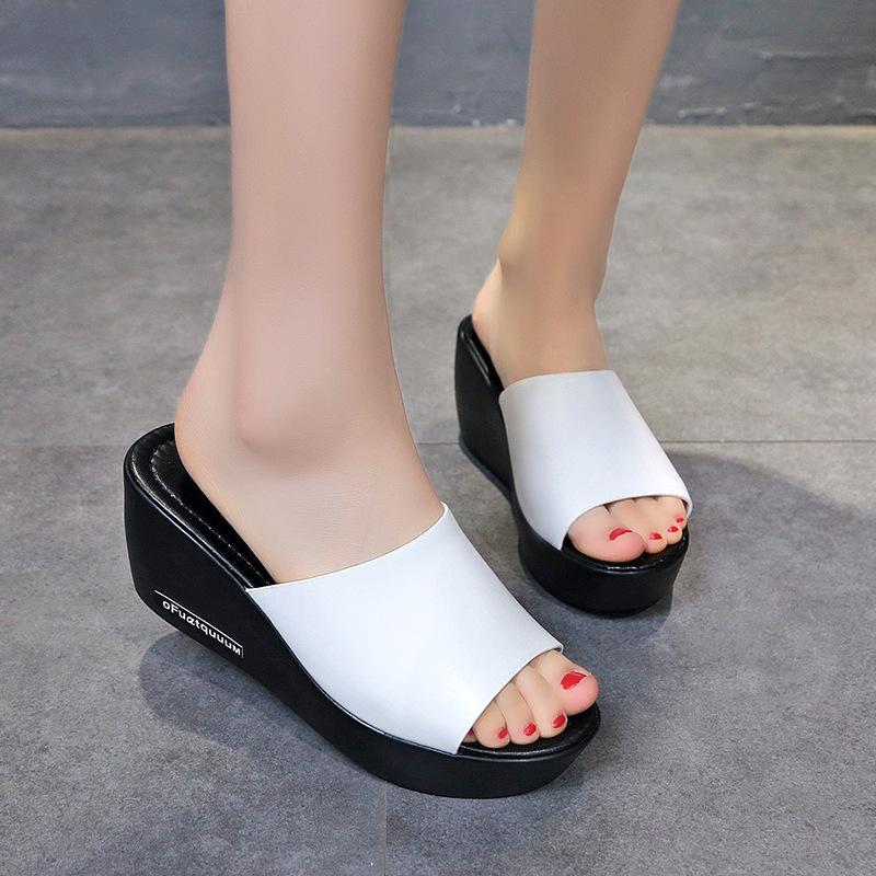 

Women Slippers Fashion Summer Shallow PU Leather Thick Bottom Non-slip Outside 7CM High Wedges Casual Solid Female Shoes, Black