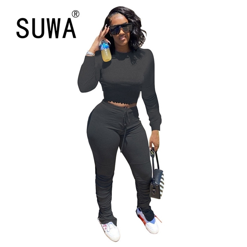 

Jogger Tracksuit Women 2 Piece Set Long Sleeve Crop Tops And High Waist Flare Pants Cool Girl Streetwear Sportswear 210525, Gray