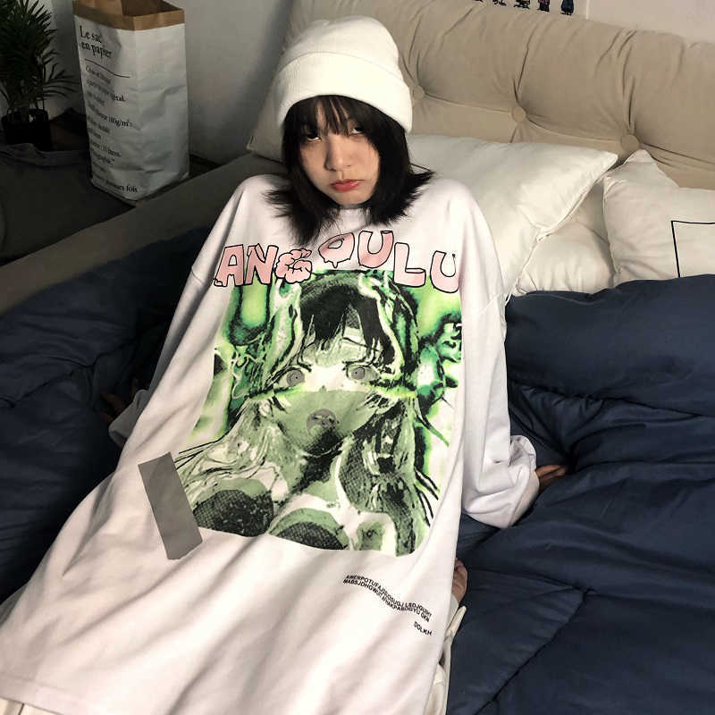 

Gothic female sweatshirt Japanese cartoon autumn loose plus size casual fashion punk Harajuku tees Ulzzang hip-hop 210608, Black