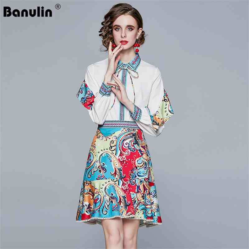 

Fashion Chic Two Piece Set Women's Suit Printed Long Sleeve Blouse Tops + Beading Mermaid Skirts Female Office Outfits 210603, White