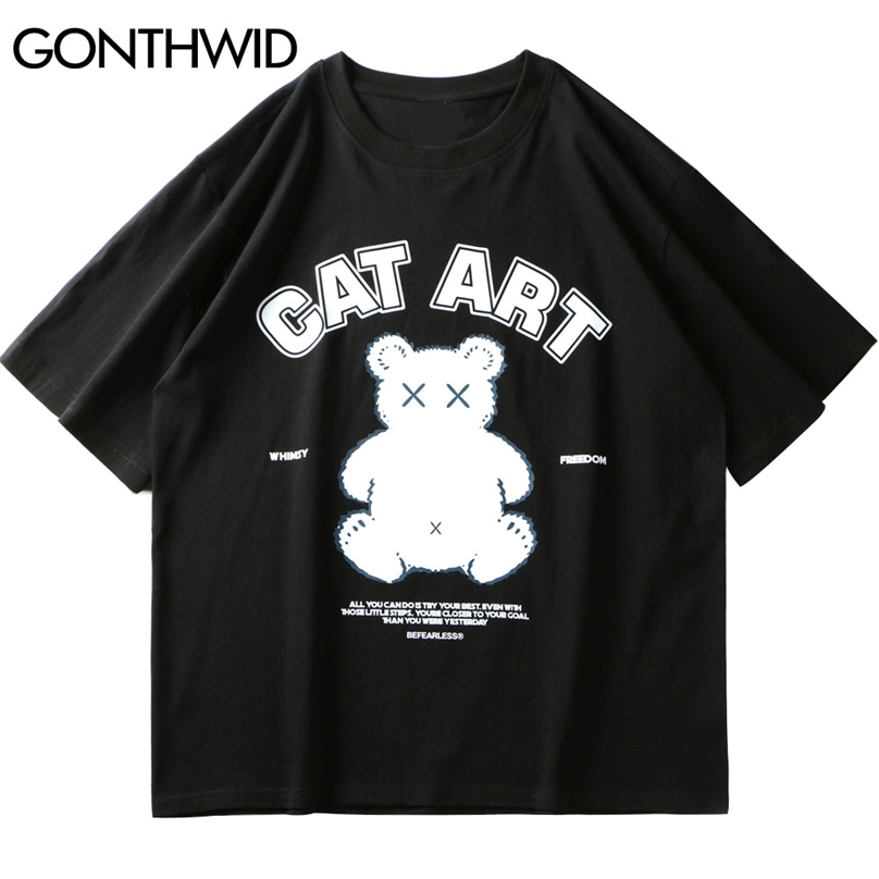 

T-Shirts Harajuku Bear Print Short Sleeve Tees Streetwear Hip Hop Fashion Casual Cotton Tshirts Summer Men Hispter Tops 210602, White