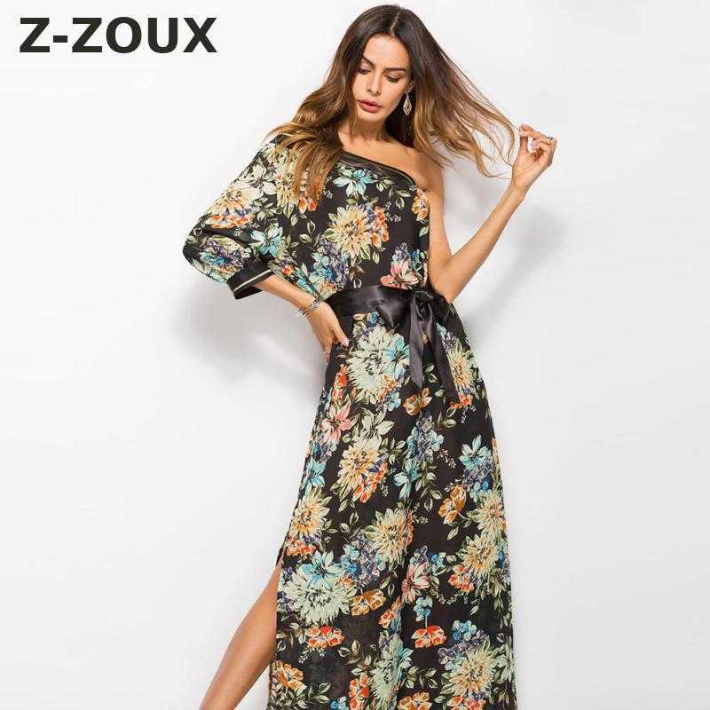 

Women Dress Bohemian Print es One-Shoulder Split Lace Up Long Plus Size Sexy Flower Summer es 210524, Orange