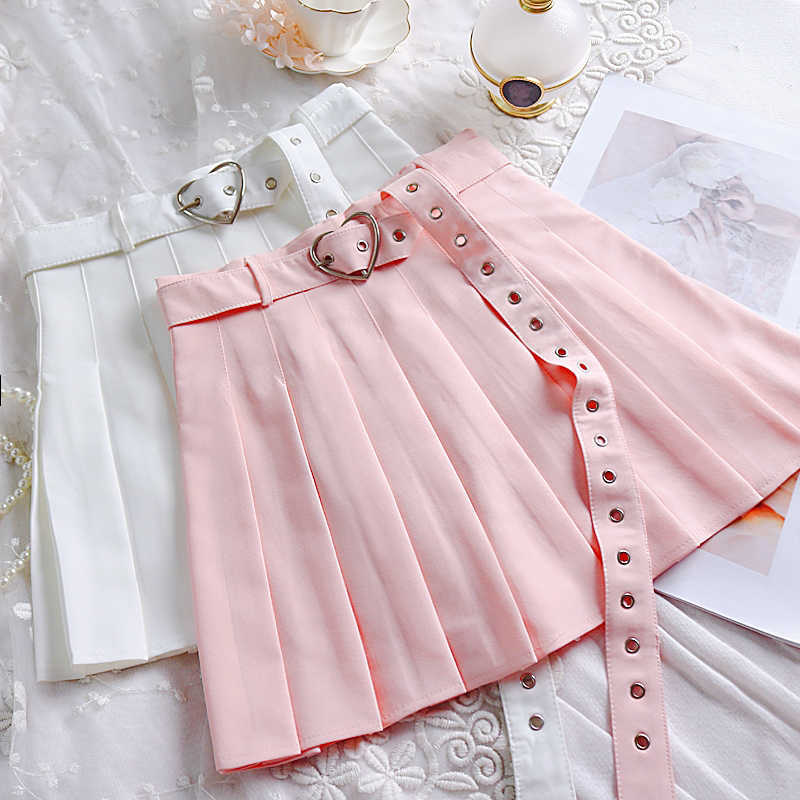 

Summer Women Pleated Skirt High Waisted Heart Shape Sashes Women Pleated Short Skirt High Quality 210708, Pink