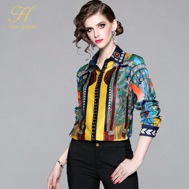

H Han Queen Office Lady Blusa Turn-down Collar Vintage Print Tops New Elegant Chiffon Women Blouses Long Sleeve Casual Shirts, Green