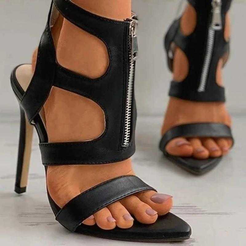 

Women High Heels Pointed Toe Hollow Out Zipper Solid Color Thin Heel Ladies Sandals 2021 New Fashion Casual Female Footwear Y0721, Black