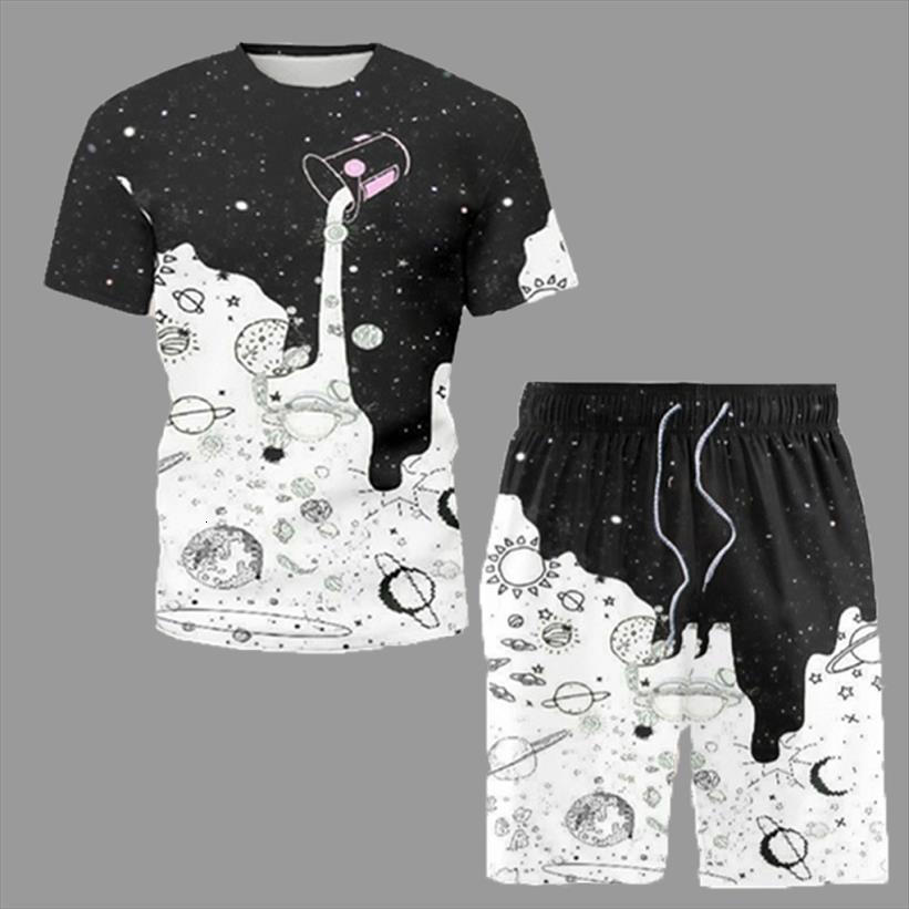 

milk cup starry sky printing mens tracksuit male set casual short sleeve summer trendy t shirt and shorts separate sell, Gray
