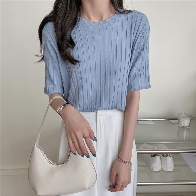 

Women's T-Shirt Real S Cost-Effective Korean Style Round Neck Knitwear Short Sleeve, Black
