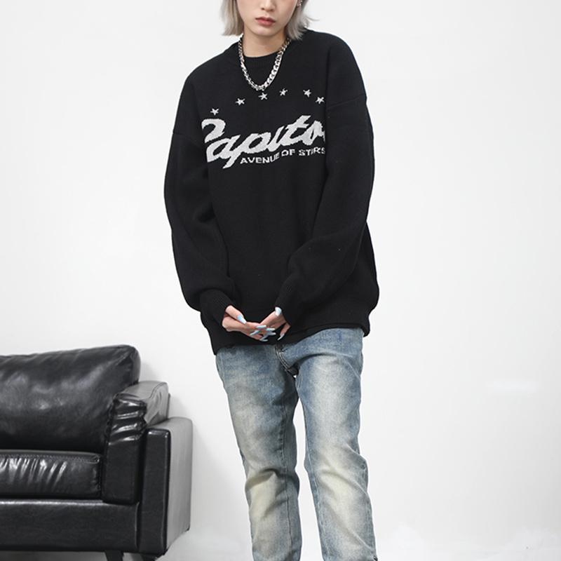 

Men's Sweaters Neck And Women Japanese Retro Men Alphabet Pullover Sweater Stars Crew High Street Oversize Loose Casual Autumn Hombre, White;black