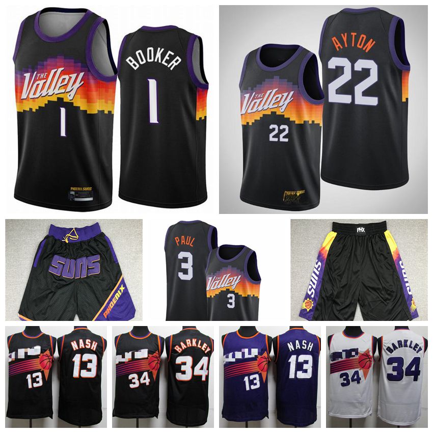 

Men Devin 1 Booker Jersey Charles 34 Barkley Steve 13 Nash DeAndre 22 Ayton Black City Phoenix Suns embroidery TheValley Basketball shorts, Black;red