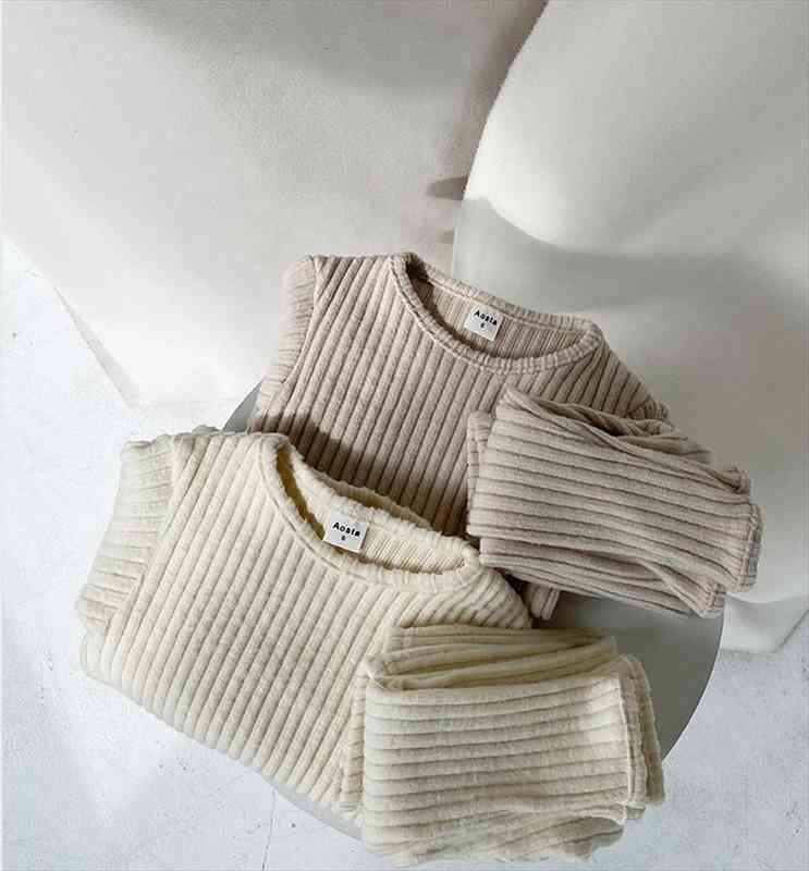 

autumn winter kid clothes korean cotton casual solid full turtleneck sweater boy girl keep warm knitted suit 2 pic set, White