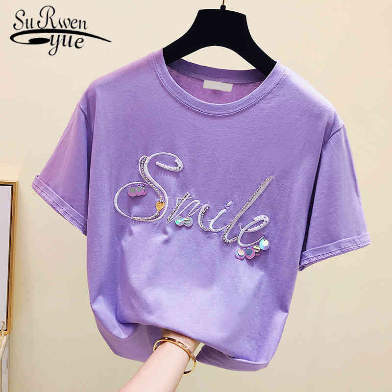 

Embroidery Pink Tee Shirt Short Sleeve Fashion Female T-shirt Women Tops Cotton White Tshirt Summer Top 4914 50 210521, Lavender