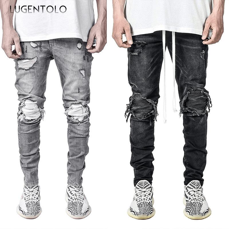 

Men's Jeans Moto Men Fashion Hole Elasticity Casual Trousers Mid Waist Sport Washed Ripped Long Pencil, Blue