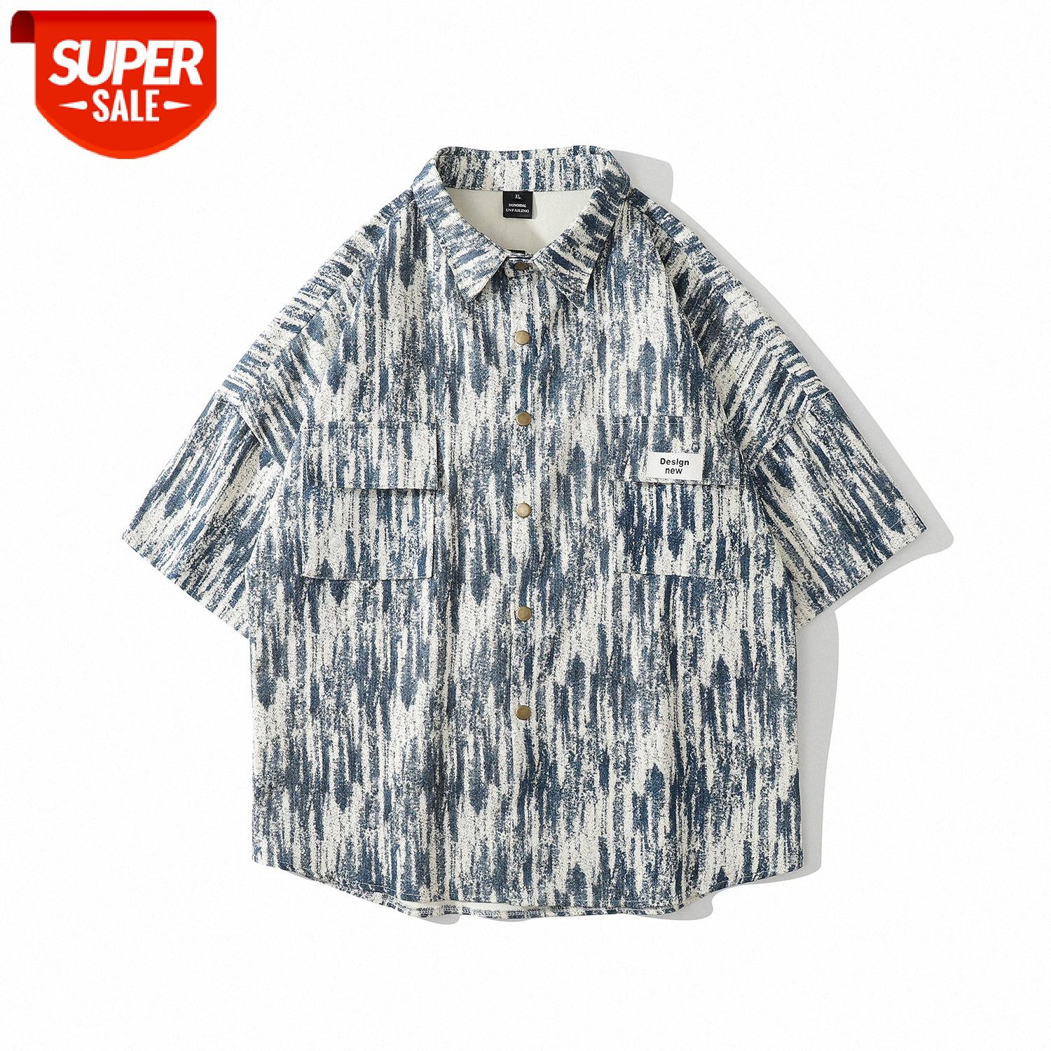 

Japanese retro old snowflake tooling short-sleeved shirt male street couple bf loose tie-dye #NX04, White;black