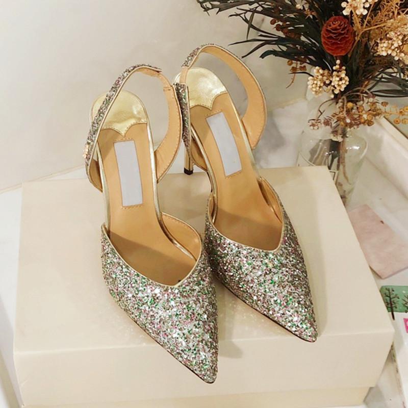 

Bling Woman Shoes Crystal Flower Ladies Sandals Solid Elegant Summer Middle Heels Pointed Toe Women 2021 Dress, As show