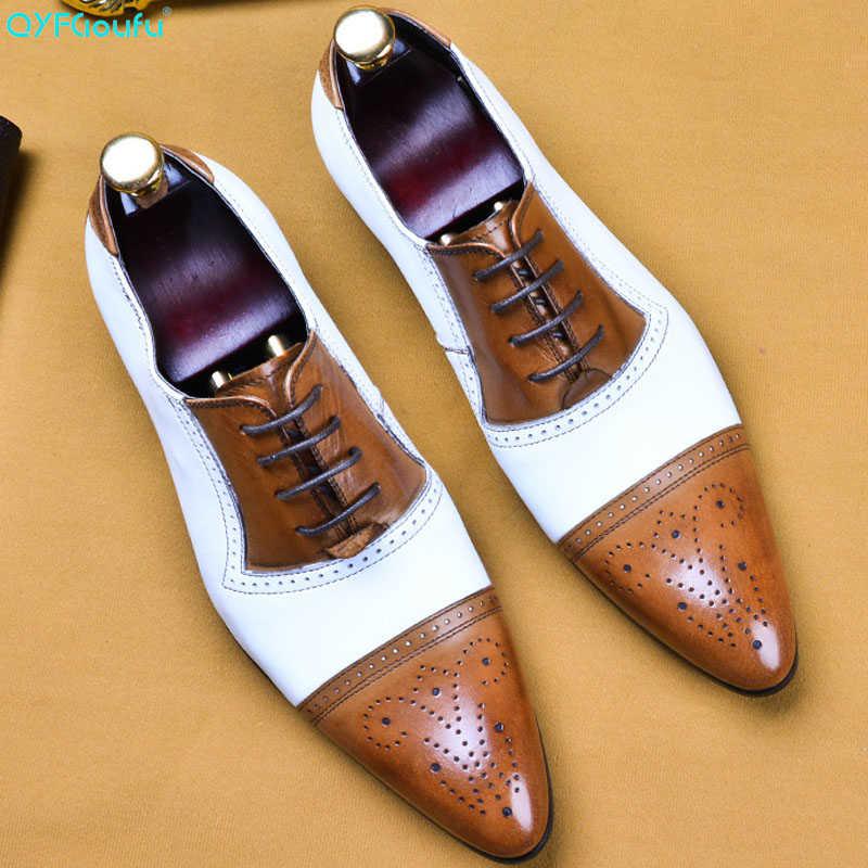 

Dress Shoes QYFCIOUFU Two-color Stitching Men's Oxford 2021 Genuine Leather Male Shoe Lace-up Wedding Office Formal Brogue, Black