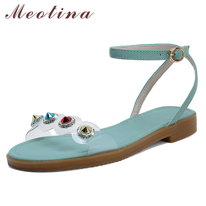 

Meotina Women Sandals Ankle Strap Flat Sandals Transparent Round Toe Ladies Footwear Summer Blue Fashion Shoes Size 34-43 210608, Beige